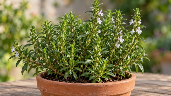 Bloeiende winterbonenkruid in terracotta pot.