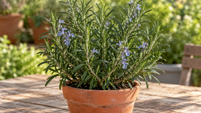 Bloeiende rozemarijn in terracotta pot